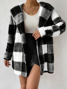 SHEIN Essnce Buffalo Plaid Pattern Hooded Flannel Coat - Black and White - View 4