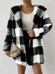 SHEIN Essnce Buffalo Plaid Pattern Hooded Flannel Coat - Black and White - View 5