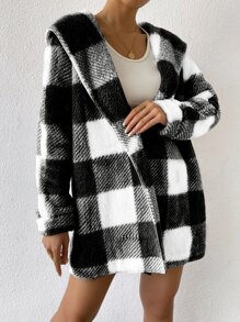 SHEIN Essnce Buffalo Plaid Pattern Hooded Flannel Coat - Black and White - View 6