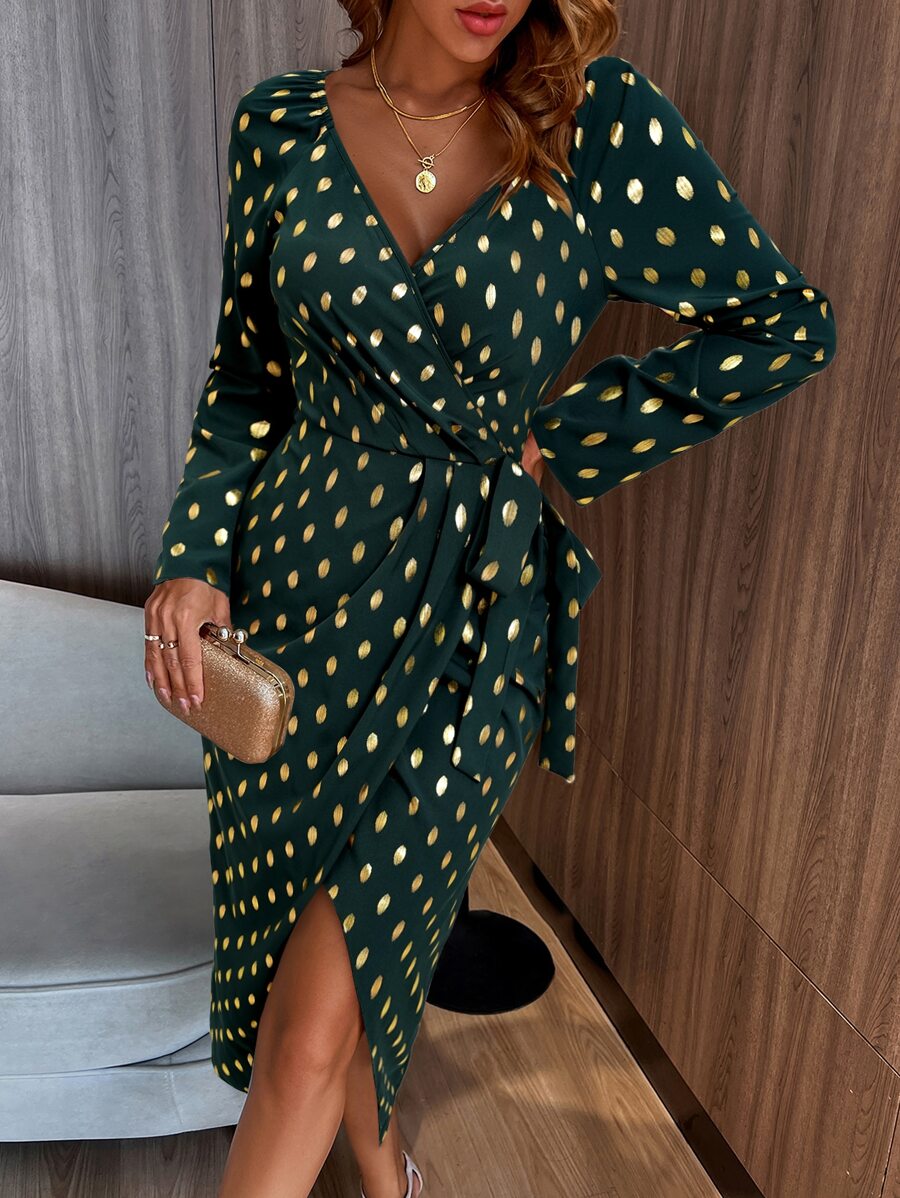 SHEIN Belle 燙金圍裹側打結洋裝 - 墨綠色 - 查看 1
