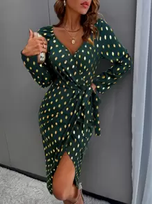 SHEIN Belle 燙金圍裹側打結洋裝 - 墨綠色 - 查看 4