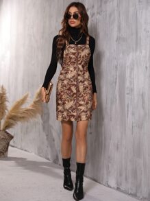 SHEIN Unity 佩斯利印花拉鏈開襟背帶裙 - 鏽棕色 - 查看 3