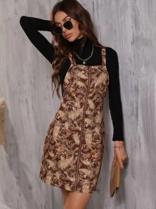 SHEIN Unity 佩斯利印花拉鏈開襟背帶裙 - 鏽棕色 - 查看 7