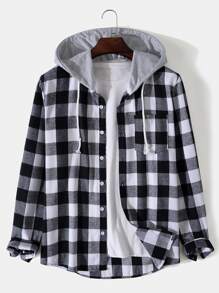 Manfinity Hypemode Men Gingham Drawstring Hooded Shirt Without Tee - Black and White - View 1