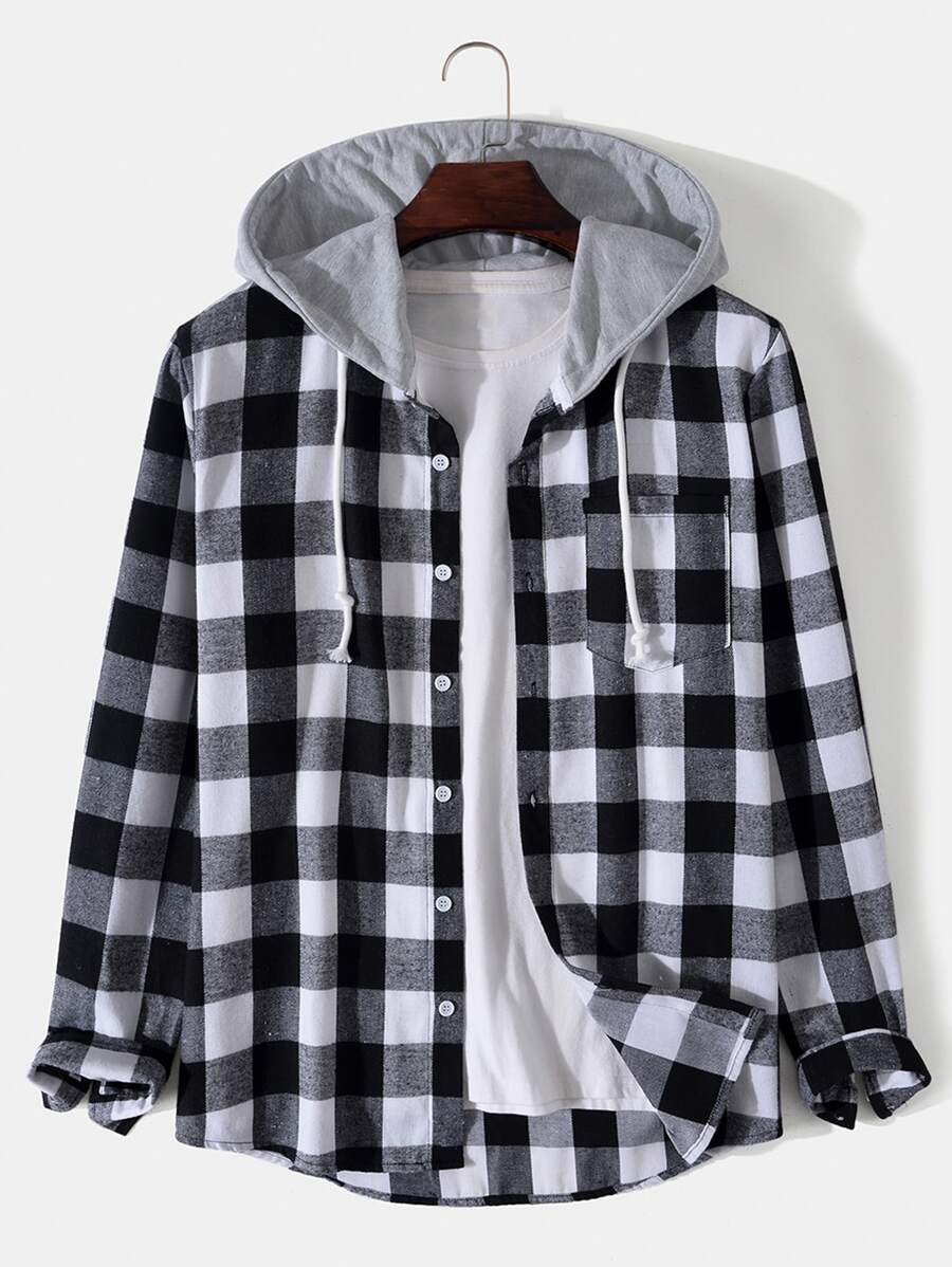 Manfinity Hypemode Men Gingham Drawstring Hooded Shirt Without Tee - Black and White - View 1
