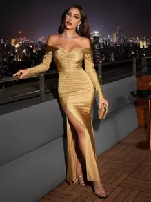 SHEIN Belle Vestido de hombros descubiertos de muslo con abertura fruncido - Dorado - Ver 3