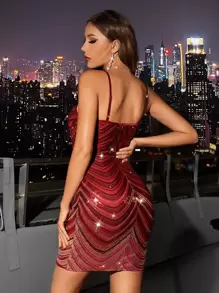 Allurite Sequin Cami Bodycon Dress Night Out Party Dresses - Burgundy - View 2