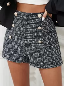 SHEIN Privé High Waist Fake Button Shorts - Black and White - View 1