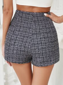 SHEIN Privé High Waist Fake Button Shorts - Black and White - View 2
