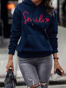 SHEIN LUNE Letter & Heart Embroidery Kangaroo Pocket Drop Shoulder Drawstring Thermal Hoodie - Navy Blue - View 1