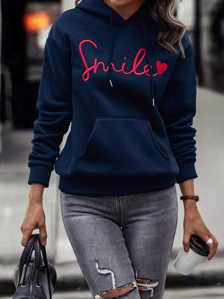 SHEIN LUNE Letter & Heart Embroidery Kangaroo Pocket Drop Shoulder Drawstring Thermal Hoodie - Navy Blue - View 1