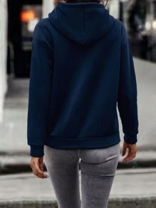 SHEIN LUNE Letter & Heart Embroidery Kangaroo Pocket Drop Shoulder Drawstring Thermal Hoodie - Navy Blue - View 2