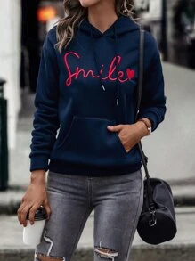 SHEIN LUNE Letter & Heart Embroidery Kangaroo Pocket Drop Shoulder Drawstring Thermal Hoodie - Navy Blue - View 3