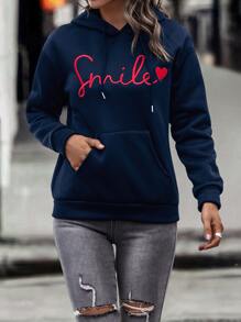 SHEIN LUNE Letter & Heart Embroidery Kangaroo Pocket Drop Shoulder Drawstring Thermal Hoodie - Navy Blue - View 4