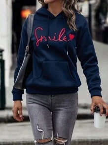 SHEIN LUNE Letter & Heart Embroidery Kangaroo Pocket Drop Shoulder Drawstring Thermal Hoodie - Navy Blue - View 5