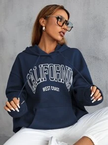 SHEIN Unity Letter Graphic Drawstring Hoodie - Navy Blue - View 1