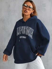 SHEIN Unity Letter Graphic Drawstring Hoodie - Navy Blue - View 3