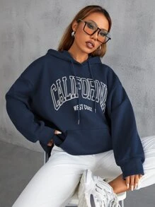 SHEIN Unity Letter Graphic Drawstring Hoodie - Navy Blue - View 4