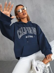 SHEIN Unity Letter Graphic Drawstring Hoodie - Navy Blue - View 5