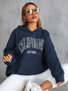 SHEIN Unity Letter Graphic Drawstring Hoodie - Navy Blue - View 6