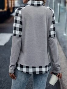 SHEIN LUNE 拼接大格紋插肩袖抽繩運動衫 - 淺灰色 - 查看 2