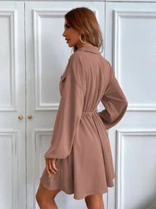 Chiquease 燈籠袖翻蓋細節不附腰帶襯衫連衣裙 - 藕粉色 - 查看 2