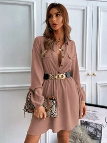 Chiquease 燈籠袖翻蓋細節不附腰帶襯衫連衣裙 - 藕粉色 - 查看 3