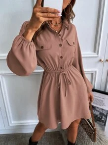 Chiquease 燈籠袖翻蓋細節不附腰帶襯衫連衣裙 - 藕粉色 - 查看 5