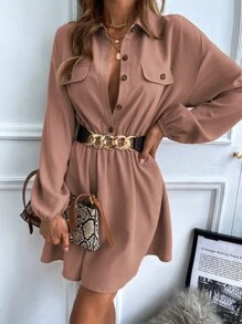 Chiquease 燈籠袖翻蓋細節不附腰帶襯衫連衣裙 - 藕粉色 - 查看 7