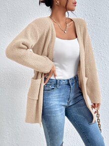 SHEIN Privé Dual Pocket Drop Shoulder Duster Cardigan - Apricot - View 3