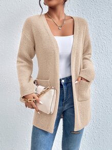 SHEIN Privé Dual Pocket Drop Shoulder Duster Cardigan - Apricot - View 4