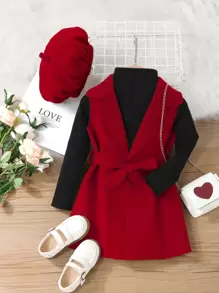 Young Girl Solid Tee & Belted Vest Coat - Multicolor - View 1