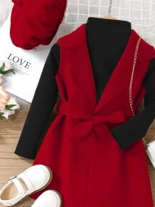 Young Girl Solid Tee & Belted Vest Coat - Multicolor - View 5
