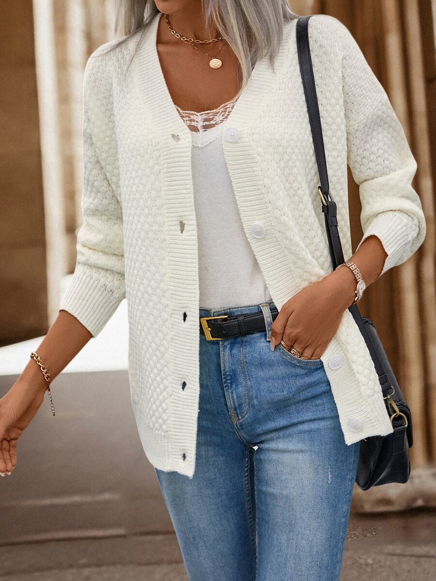 SHEIN LUNE Solid Drop Shoulder Cardigan - Apricot - View 1