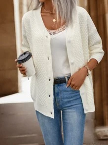 SHEIN LUNE Solid Drop Shoulder Cardigan - Apricot - View 5