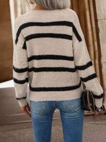 SHEIN LUNE Striped Pattern Drop Shoulder Jumper - Apricot - View 2