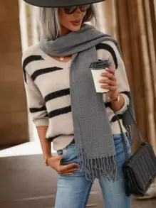 SHEIN LUNE Striped Pattern Drop Shoulder Jumper - Apricot - View 3