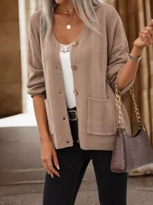 SHEIN LUNE Cárdigan con doble bolsillo de hombros caídos - Caqui - Ver 1