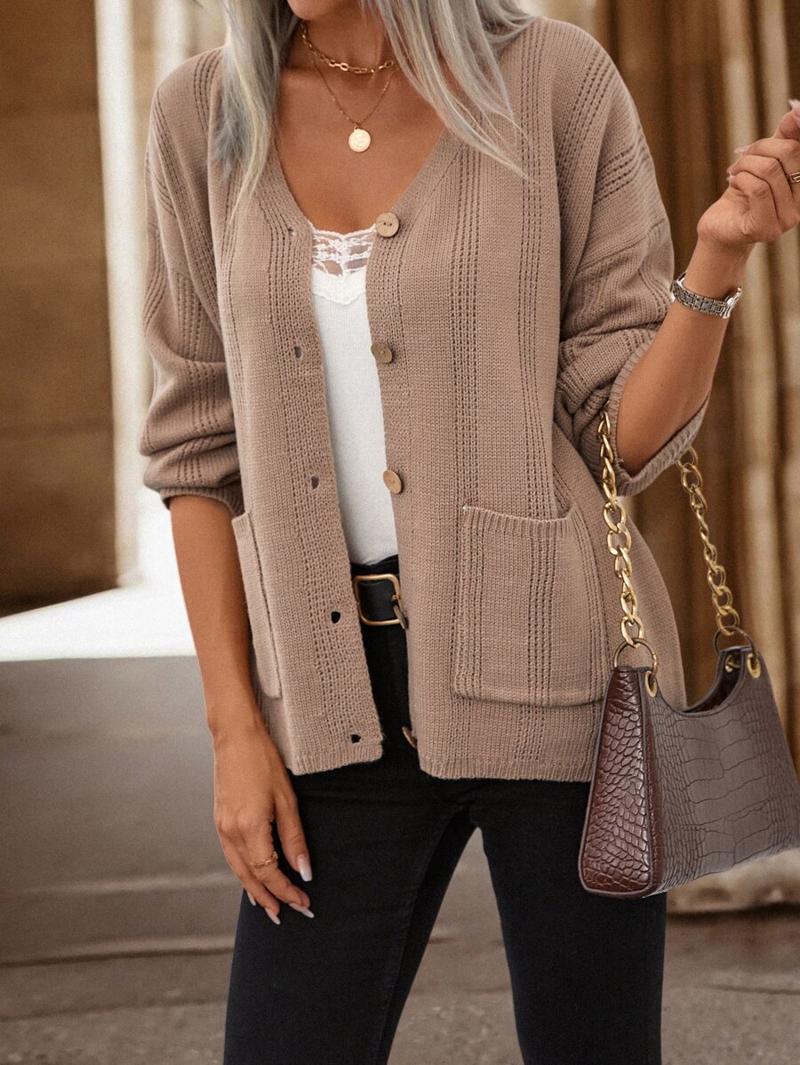 SHEIN LUNE Cárdigan con doble bolsillo de hombros caídos - Caqui - Ver 1