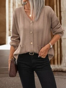 SHEIN LUNE Cárdigan con doble bolsillo de hombros caídos - Caqui - Ver 3