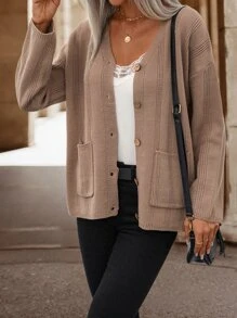 SHEIN LUNE Cárdigan con doble bolsillo de hombros caídos - Caqui - Ver 5