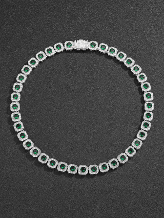 適合女士男士流行龐克嘻哈風格搖滾派對全水鑽華麗方晶鋯石裝飾項鍊