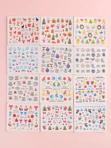 FULL BEAUTY 12入組聖誕卡通圖案美甲水貼花