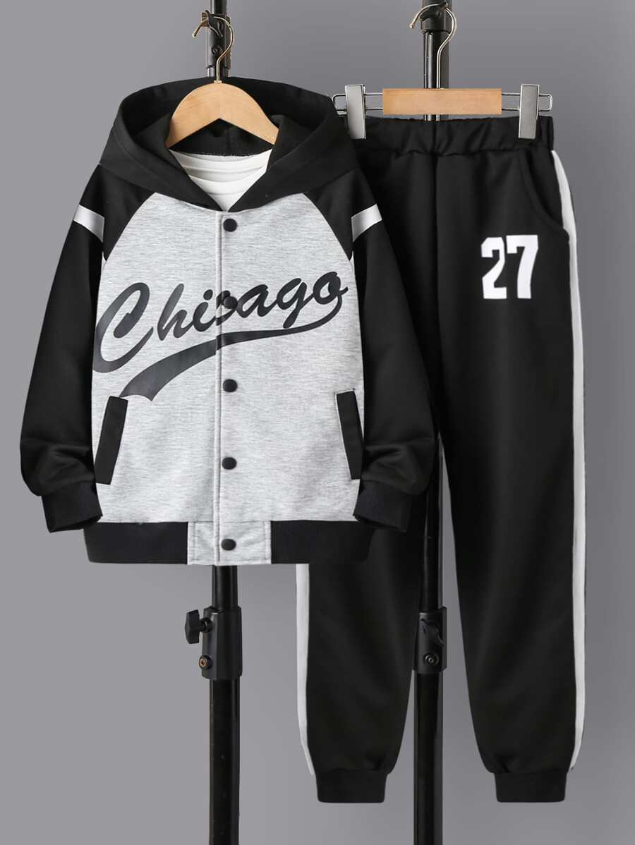 Boys Letter Graphic Colourblock Raglan Sleeve Hoodie & Joggers - Multicolor - View 1