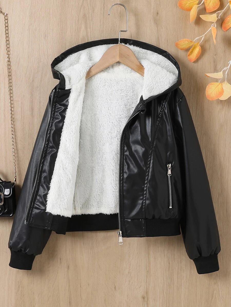 Girls Zip Pocket Teddy Lined Hooded Jacket - Black - View 1