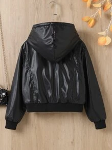 Girls Zip Pocket Teddy Lined Hooded Jacket - Black - View 2