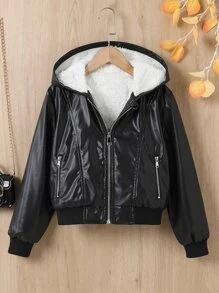 Girls Zip Pocket Teddy Lined Hooded Jacket - Black - View 3
