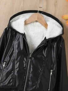 Girls Zip Pocket Teddy Lined Hooded Jacket - Black - View 4