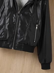 Girls Zip Pocket Teddy Lined Hooded Jacket - Black - View 5