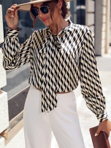 SHEIN LUNE Áo sơ mi nữ Thắt nơ trước Tất cả trên in Giải trí - Màu be - Xem 1